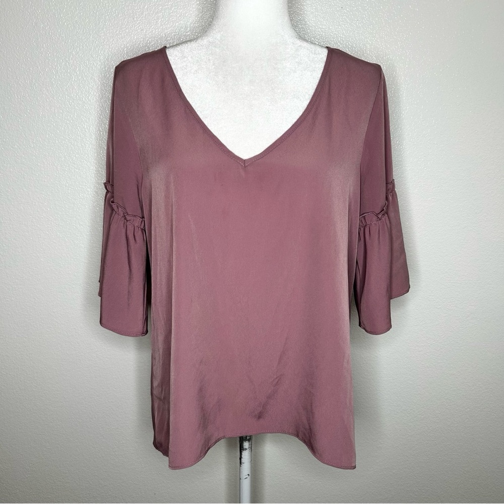 Saks Fifth Avenue Womens Mauve V-Neck Hi-Low Top Blouse Ruffle Sleeve Size M